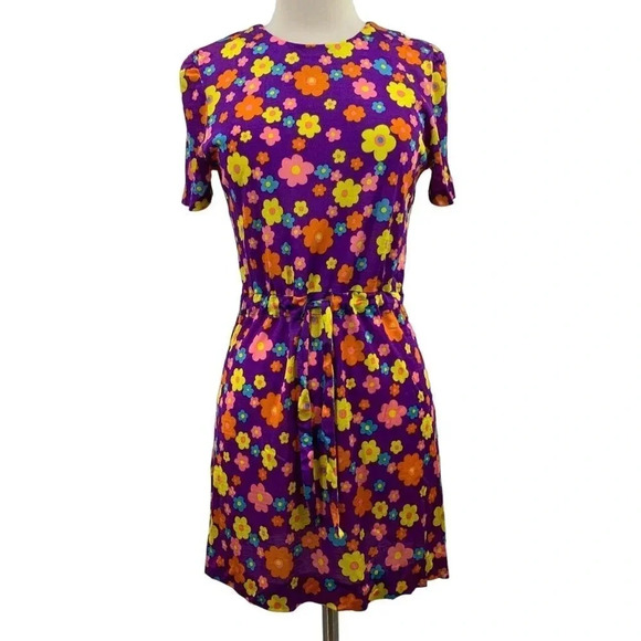 Juniorite Women's Floral Colorful Short Sleeve Side Slit Mini Dress Size S‎ - Picture 1 of 9